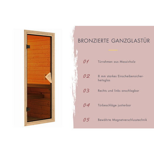 Karibu Saunatür Classic Ganzglas in Bronze, modern und reversibel, B: 64 cm, H: 175 cm, für 68 mm Wandstärke - Bild 4