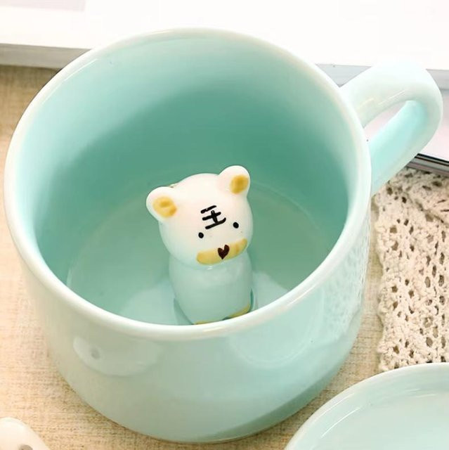 NooLim 3D-Kaffeetasse aus Keramik mit Tierpaar in Türkis, 400 ml - Bild 1