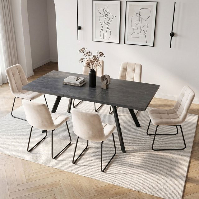 Jiexi Esszimmer-Set mit 1 rechteckigem Tisch und 6 Hochlehner-Stühlen in Beige, Modernes Design mit MDF-Laminat-Tischplatte und hochdichtem Schwamm-Polster - Bild 1