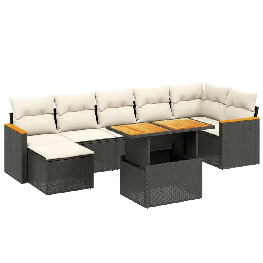 vidaXL 8-teilige Garten-Sofagarnitur in L-Form aus Polyrattan und Akazienholz mit Kissen in Schwarz - Bild 2