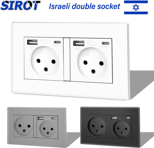 SIROT Israel-Steckdose mit USB Typ C, flammhemmendes PC-Panel, AC 230 V, 50 Hz, israelischer Standard-Wandsteckdose in Schwarz, Grau und Weiß - Bild 1