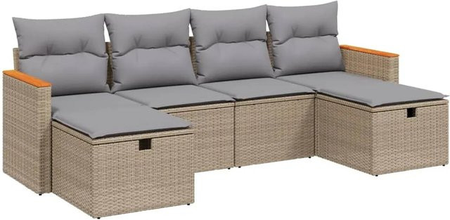 vidaXL 6-tlg Garten-Sofagarnitur L-Form aus Poly Rattan in Beige mit Kissen und Ottoman - Bild 1