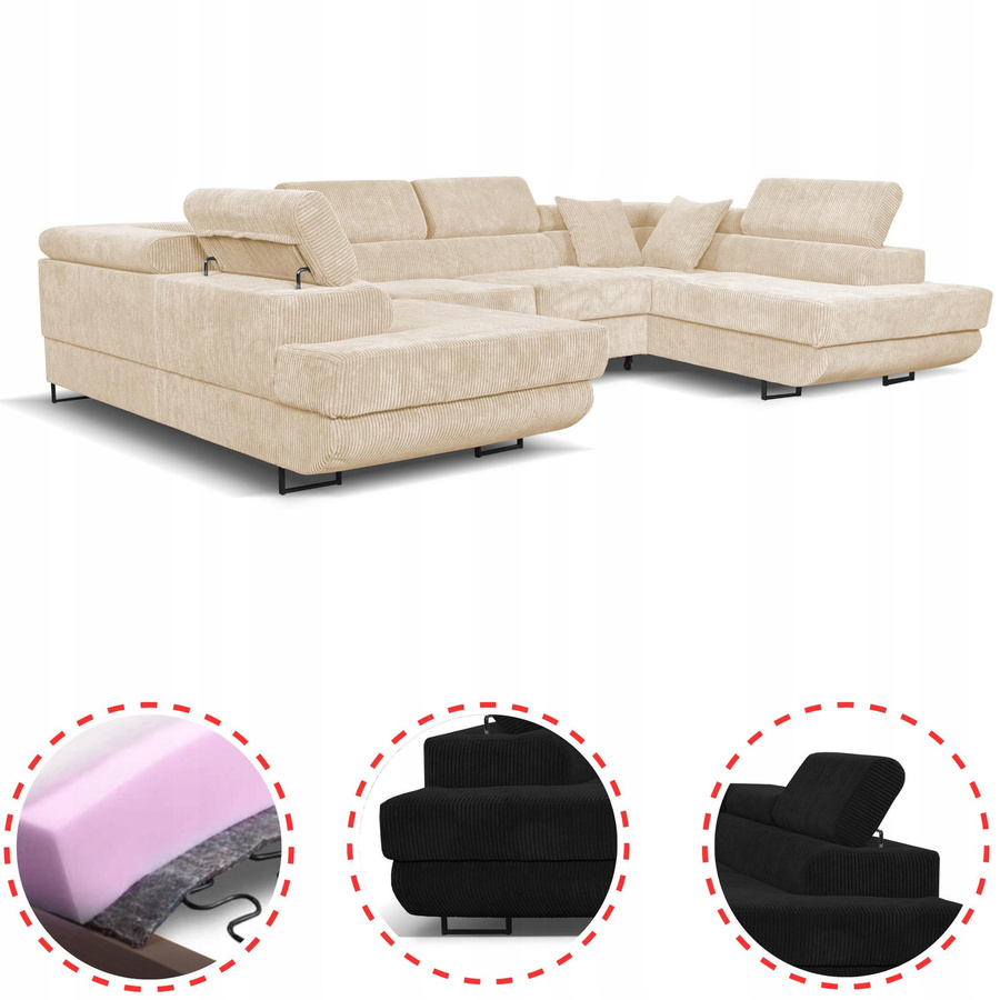 Ausklappbares U-förmiges Ecksofa von Savio Family Möbel in Beige Cord - Bild 3