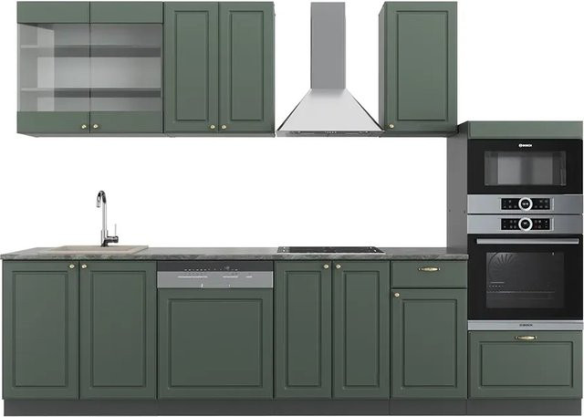 Vicco Fame-Line Küchenzeile im Landhausstil in Grün-Gold und Anthrazit mit Hochschrank, Breite: 300 cm - Bild 1
