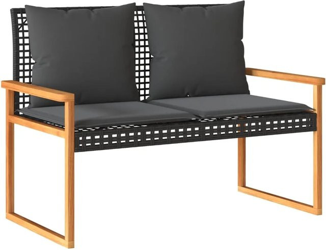 vidaXL Gartenbank aus Polyrattan und Akazienholz mit Armlehnen und Kissen in Schwarz, B/T/H: 119 x 61 x 79 cm - Bild 1