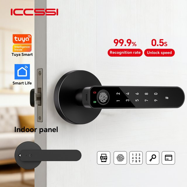 ICCSSI Smart Door Lock B208APRO Fingerabdruckschloss in Schwarz mit Tuya App, Passwort, IC-Karte und Schlüsselentriegelung sowie mehrsprachiger Audio-Wiedergabe - Bild 1