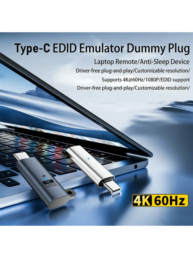 BSN USB-C Virtueller Display-Adapter Headless Ghost Dummy-Stecker für 4K UHD @60Hz und 1080P @120Hz in Silber/Grau - Bild 4