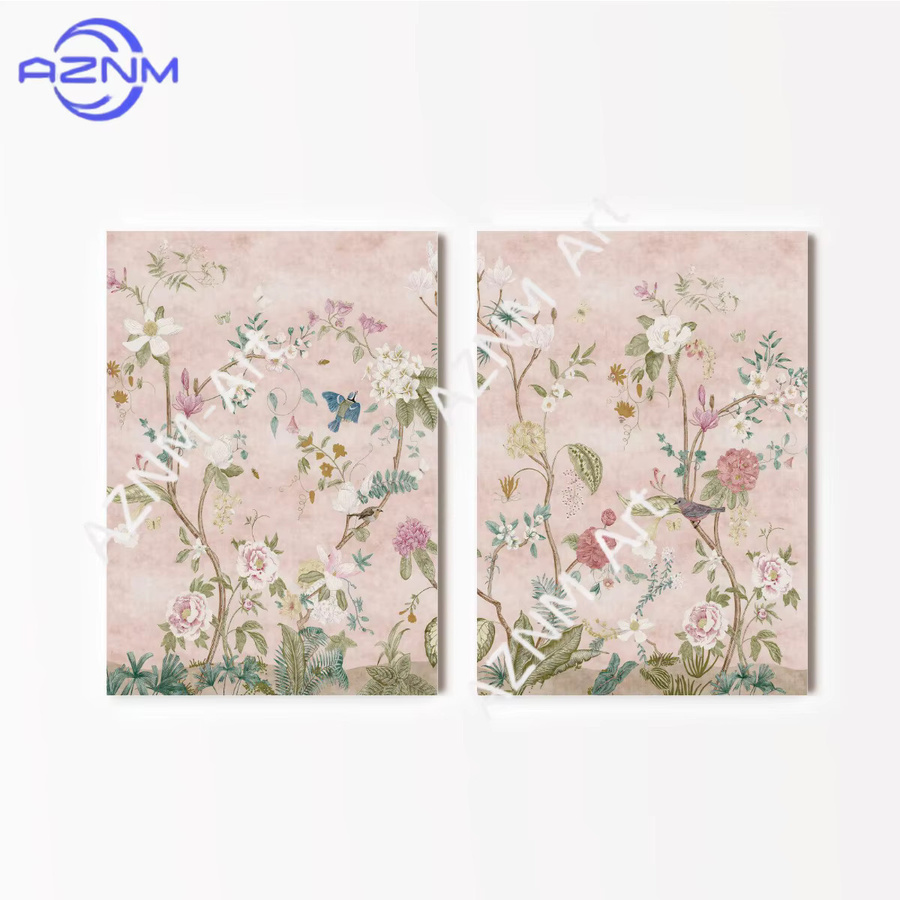 2-teiliges Set AZNM Chinoiserie Wandteppich mit Vogel- und Blumendruck in Rosa, Japanischer Vintage Wandbehang mit floralem und orientalischem Design - Bild 2