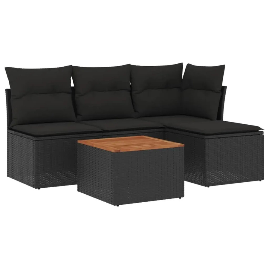 vidaXL 5-teilige Garten-Sofagarnitur in L-Form aus Poly-Rattan und Akazienholz mit Kissen in Schwarz - Bild 2
