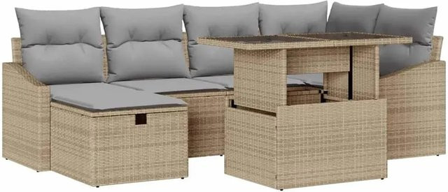 vidaXL Garten-Sofa-Set 7-teilig aus Polyrattan in Beige mit L-Form, Ottomane und Couchtisch - Bild 1