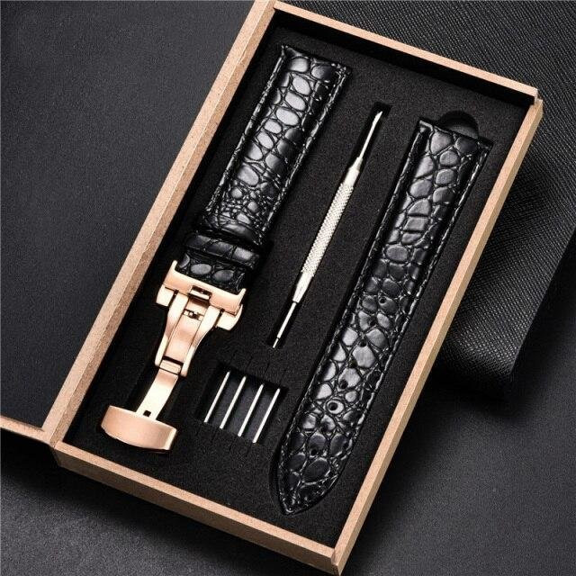 Uhrenarmband Leder, Krokodil Muster, Edelstahl, Schwarz, Herren - Bild 1