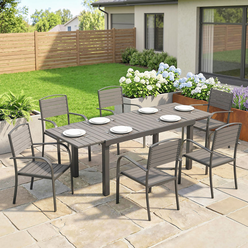 Outsunny Gartenessgruppe mit ausziehbarem Tisch und 6 Stühlen in Holzoptik, Grau, wetterfest mit Aluminiumrahmen - Bild 2