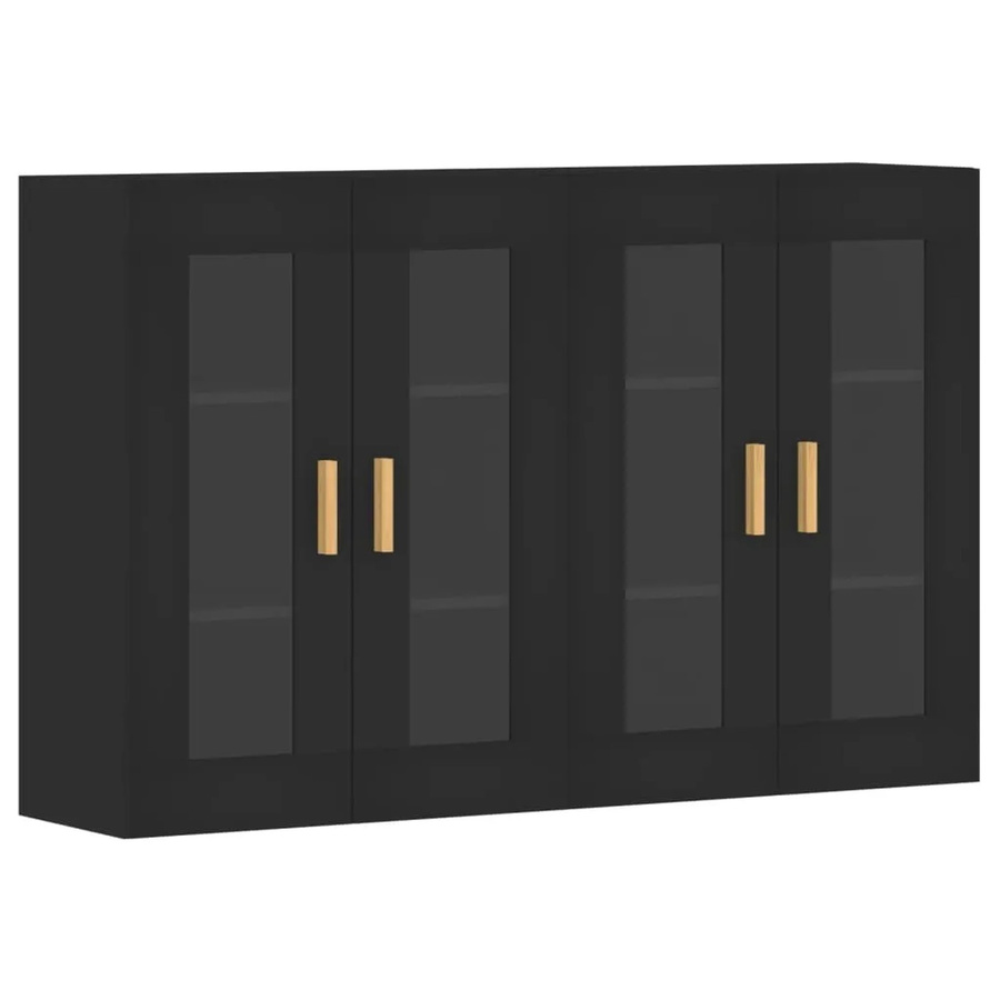 vidaXL Wandschränke 2er-Set Schwarz mit Glastüren aus Holzwerkstoff und Eukalyptusholz, B/T/H: 90 x 34 x 69,5 cm - Bild 2