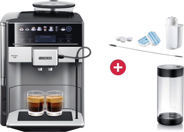 Siemens EQ6 plus s500 Kaffee-Vollautomat in Schwarz mit Pflegeset und Milchcontainer für Latte Macchiato, Cappuccino und Milchkaffee - Bild 1