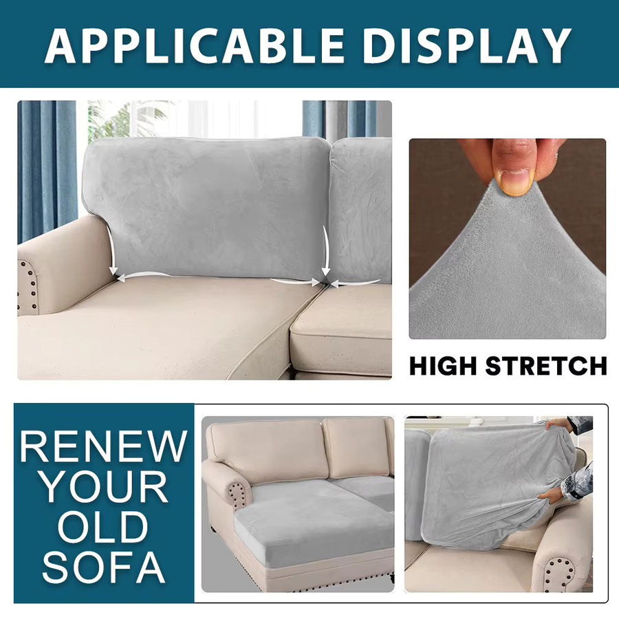 BRHUIXUE Samt Sofa Kissenbezüge in Grau, elastische Plüsch Sitzbezüge als Couch Schonbezug für dein Wohnzimmer - Bild 4
