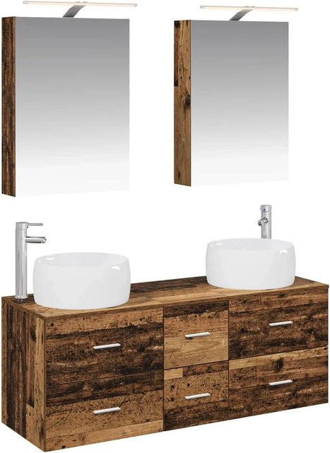 vidaXL Badezimmermöbel-Set 5-teilig aus Altholz und Glas in Braun mit Waschtischunterschrank, Spiegelschrank und LED-Beleuchtung - Bild 1
