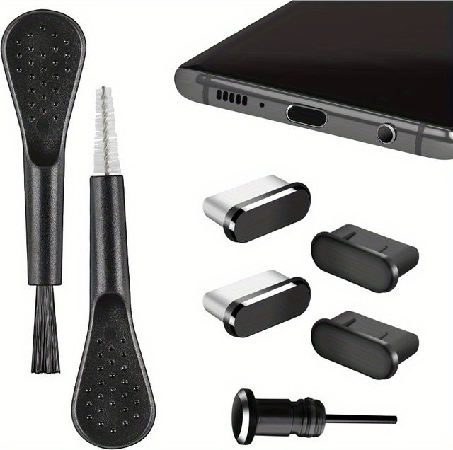 7er-Pack USB-C Anti-Staub-Stecker und Reinigungsbürsten-Set aus Aluminiumlegierung in Schwarz für iPhone 16 17 und Samsung Galaxy - Bild 1