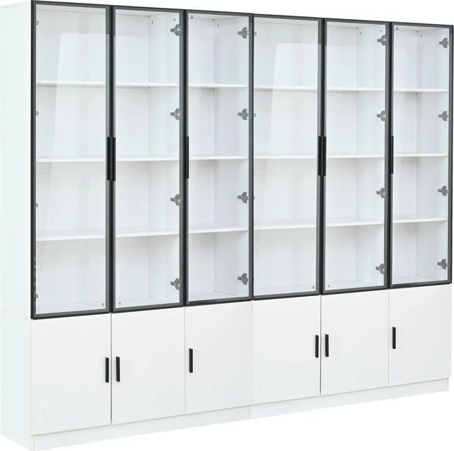 okwish Vitrine mit LED-Beleuchtung und Glastüren in Weiß, modernes Wohnzimmer Regal mit Soft-Close-Türen, B/T/H: 240 x 32 x 200 cm - Bild 1