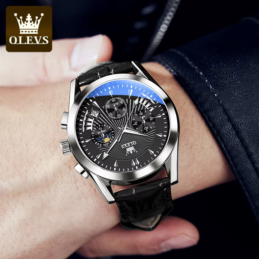 OLEVS Armbanduhr, Quarz, Chronograph, Leder, Silber, Herren - Bild 6