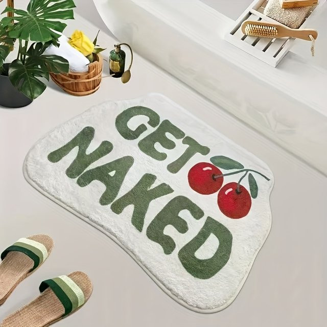 VIKAMA Get Naked Cherry Badezimmerteppich in Weiß mit Retro-Design, rutschfeste und saugfähige Fußmatte - Bild 1