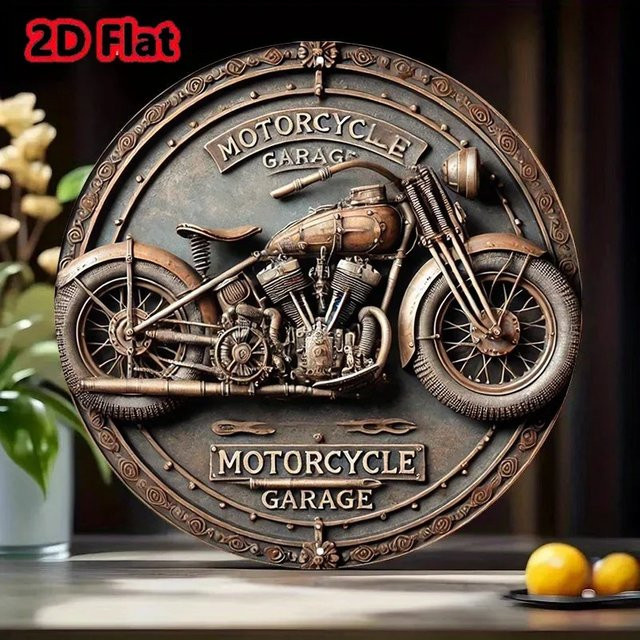 HELLOYOUNG Vintage Motorradgarage Aluminiumschild, Runde Wanddekoration aus Metallblech, Durchmesser: 20,32 cm - Bild 1