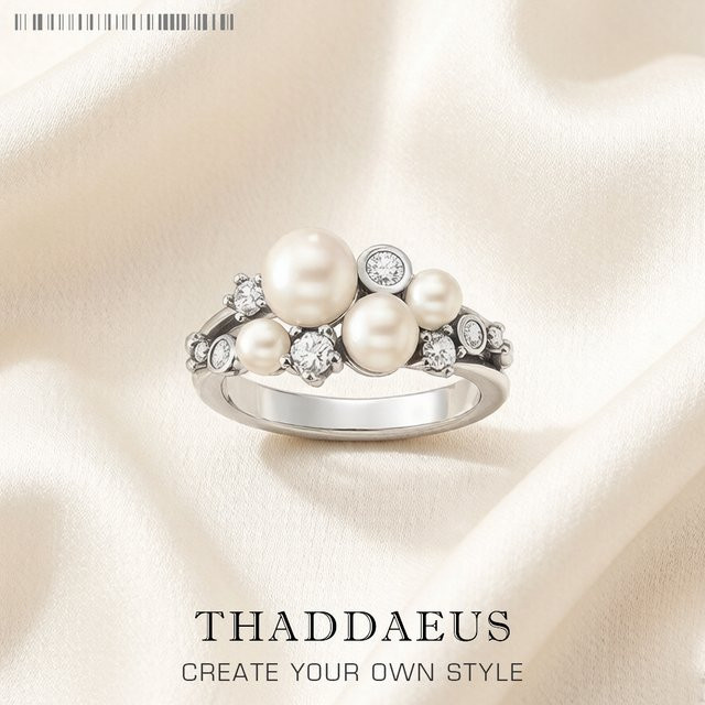 Thaddaeus Ring, 925 Sterlingsilber, Süßwasserperlen, weiße Steine, Damen - Bild 1