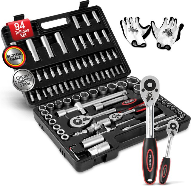 Monzana Werkzeugset 94-teilig aus Chrom-Vanadium-Stahl mit Handschuhen in Schwarz und Multicolour, 1/4 Zoll - Bild 1