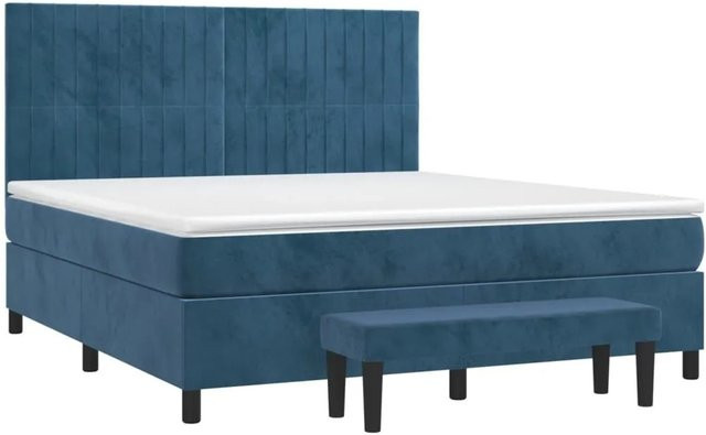vidaXL Boxspringbett mit Matratze aus Samt in Dunkelblau und Weiß, Hybrid-Design mit Taschenfederkern, B/T/H: 160 x 200 x 128 cm - Bild 1
