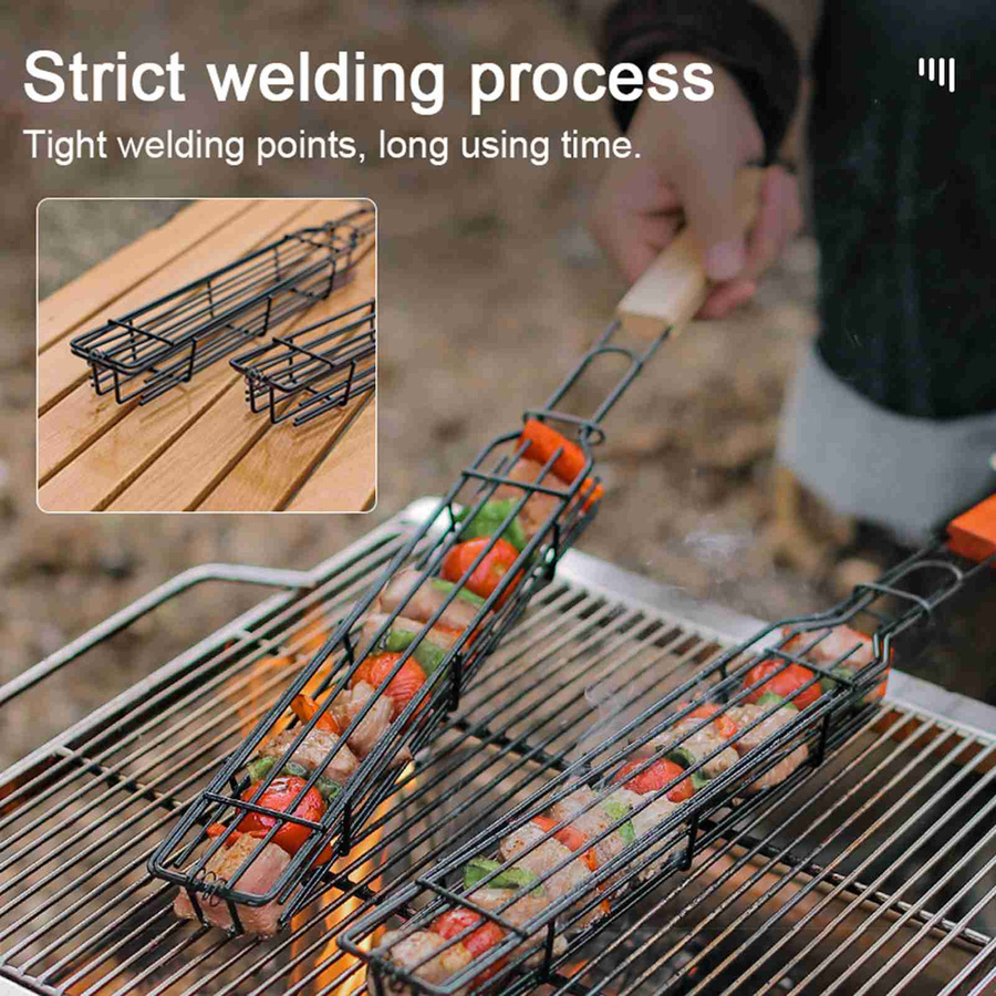 Tragbarer Camping BBQ Grillkorb für Holzkohlegrills mit Holzgriff in Schwarz - Bild 4