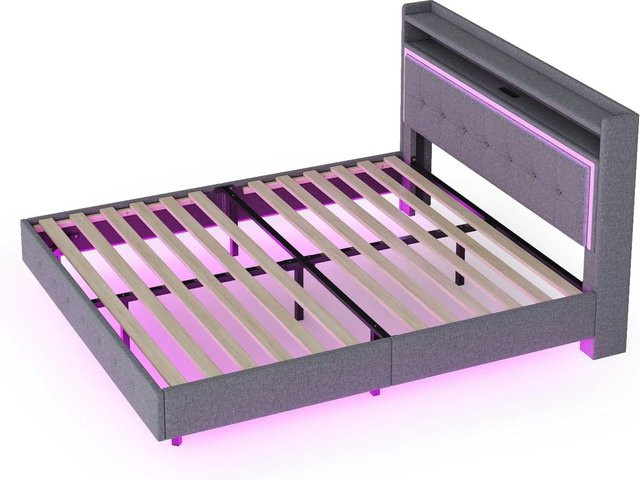 okwish Polsterbett Grau mit USB-Anschluss und LED-Unterbettbeleuchtung B/T/H: 140 x 200 x 145 cm - Bild 1