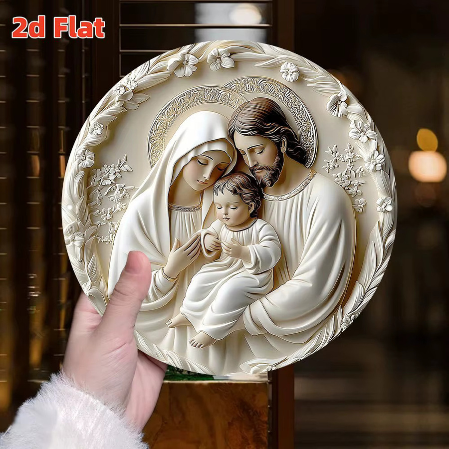 Potdemiel Wandkunst Heilige Familie – Runde Metallplakette aus Aluminium mit floralem Relief-Design, Durchmesser: 19,81 cm - Bild 3
