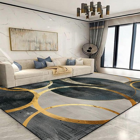 Moderner geometrischer Teppich von JGJG in Gold und Grau, weich und rutschfest, B/T: 80 x 160 cm