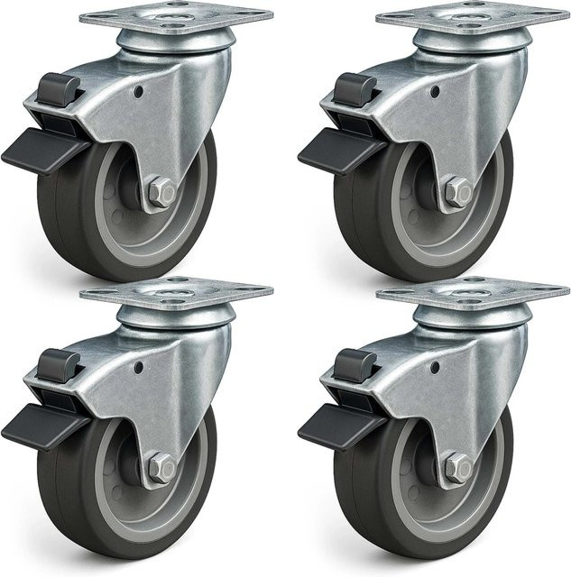 Wiltec Lenkrollen Set mit Bremse, 4 Stück, 125 mm, Tragkraft 100 kg pro Rolle, Schwarz/Silber - Bild 1