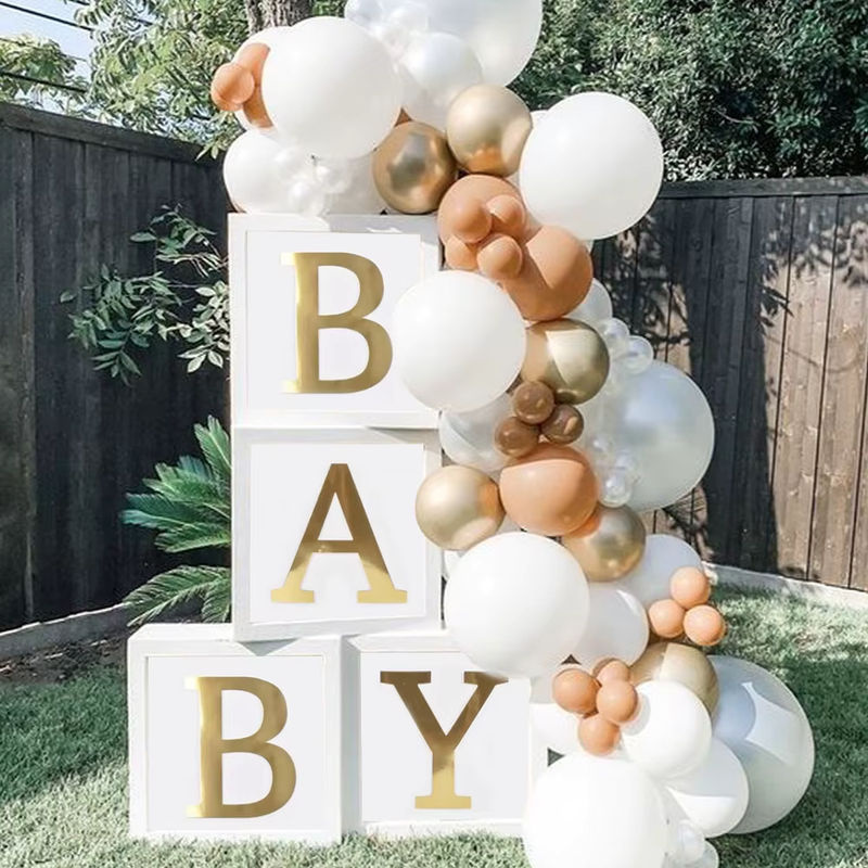 4er Set Baby-Blockboxen mit Buchstaben-Luftballons in Weiß für Babyparty und Gender Reveal Dekoration - Bild 3