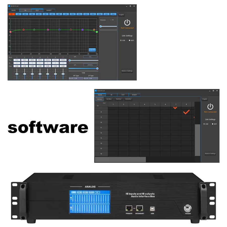 Paulkitson DL16 PRO Digital Audio Interface Stage Box mit Dante Protokoll, 16 In 8 Out und DSP Prozessor, Schwarz - Bild 2