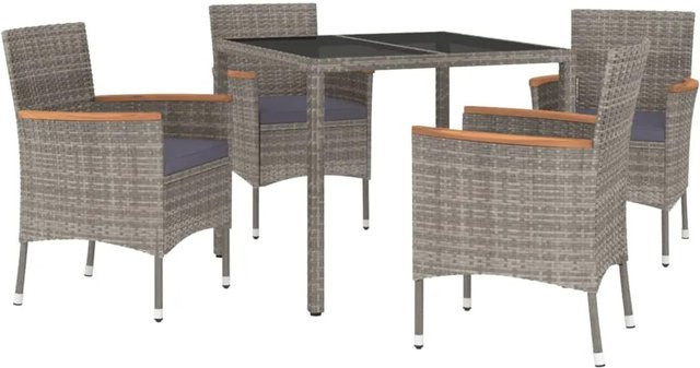 vidaXL 5-tlg Garten-Essgruppe aus Poly Rattan und Akazienholz in Grau mit Kissen und Hartglas-Tischplatte - Bild 1