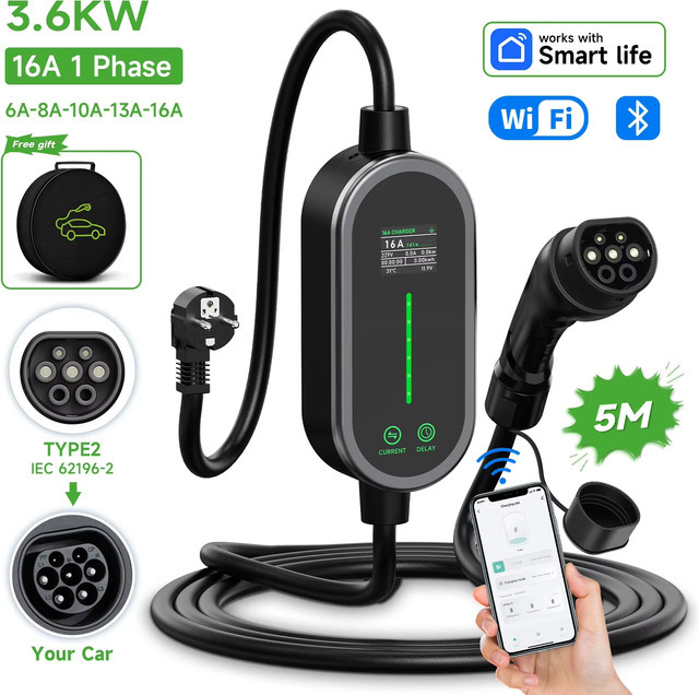 JNTAFEV Tragbares Elektroauto-Ladegerät Typ2 mit 3,5 kW und 16A, Einphasige Wallbox mit WLAN-App und Bluetooth-Steuerung, Schwarz - Bild 1