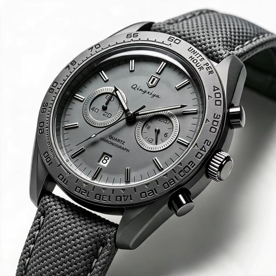 QINGXIYA Chronograph Herrenuhr, Quarz, Edelstahl, grau, Textil/NATO - Bild 4