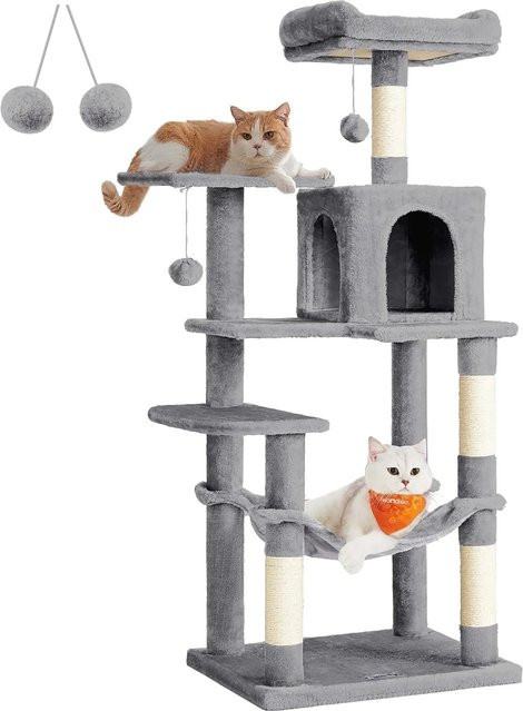 Feandrea Kratzbaum für Katzen in Hellgrau mit Hängematte und integriertem Spielzeug, Höhe: 143 cm - Bild 1