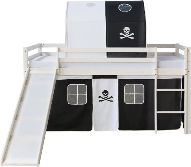Homestyle4u Hochbett für Kinder aus Kiefernholz mit Piraten Design, Rutsche und Vorhang, Weiß/Schwarz, B/T/H: 90 x 200 x 156 cm - Bild 1