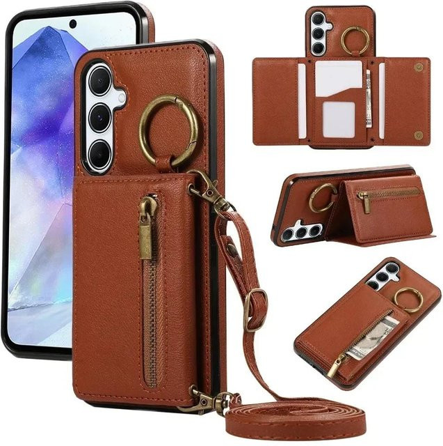 Lederne Crossbody-Tasche als Kartenhalter und Brieftaschenetui für Samsung Galaxy S25 Ultra S24 S23 FE S22 S21 Plus A06 A26 A16 A36 A56 A55 A35 in Braun - Bild 1