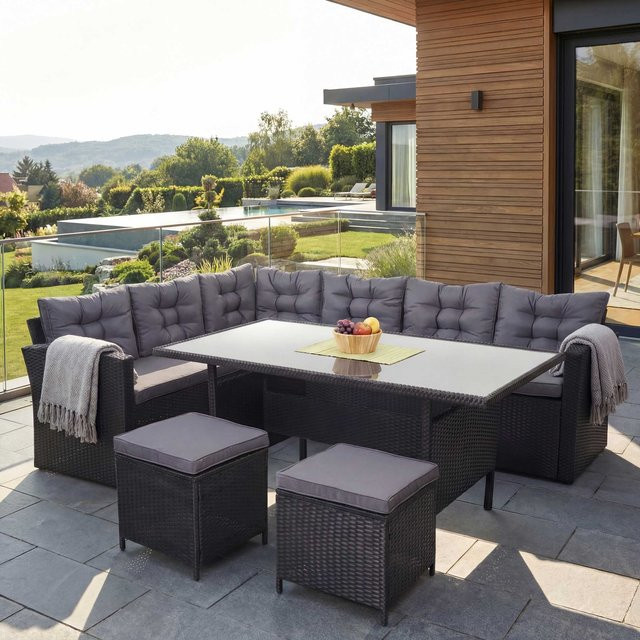 MCW Poly-Rattan-Gartengarnitur A29 in Schwarz mit dunkelgrauen Kissen und 2 Hockern - Bild 1