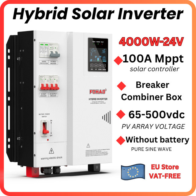 FCHAO Hybrid-Solarwechselrichter 4,0 kW 24V mit DC-Schutzschalter-Kombiniererbox, 100A MPPT, Reine Sinuswelle, 230V AC, 4500W PV-Eingang und UPS, Weiß - Bild 1