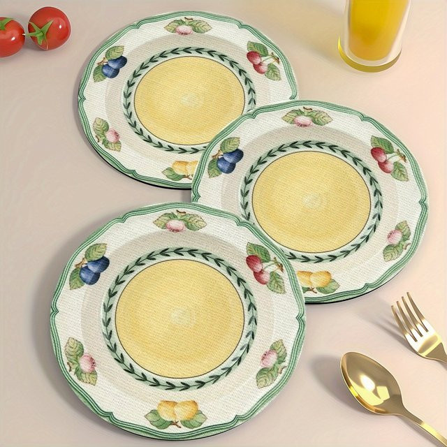 VIKAMA Obst- und Blumenmehlmatte mit Herz- und Obstmuster in Gelb und Multicolour, runde Dessertladen-Dekoration im floralen Design - Bild 1