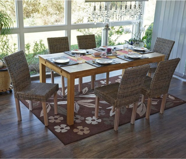 6er-Set MCW Esszimmerstühle Littau aus Massivholz und Kubu-Rattan in Braun - Bild 1