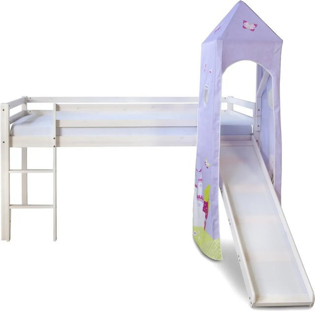 Homestyle4u Hochbett für Kinder aus massivem Kiefernholz, Weiß-Lila, B/T/H: 228 x 90 x 155 cm - Bild 1