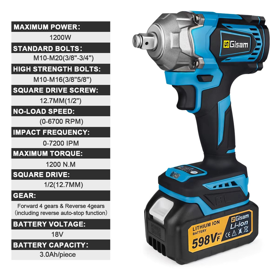 Gisam Bürstenloser elektrischer Schlagschrauber mit 1200 N.m Drehmoment, 1/2 Zoll, Blau, kompatibel mit Makita 18V LXT Akkus - Bild 4