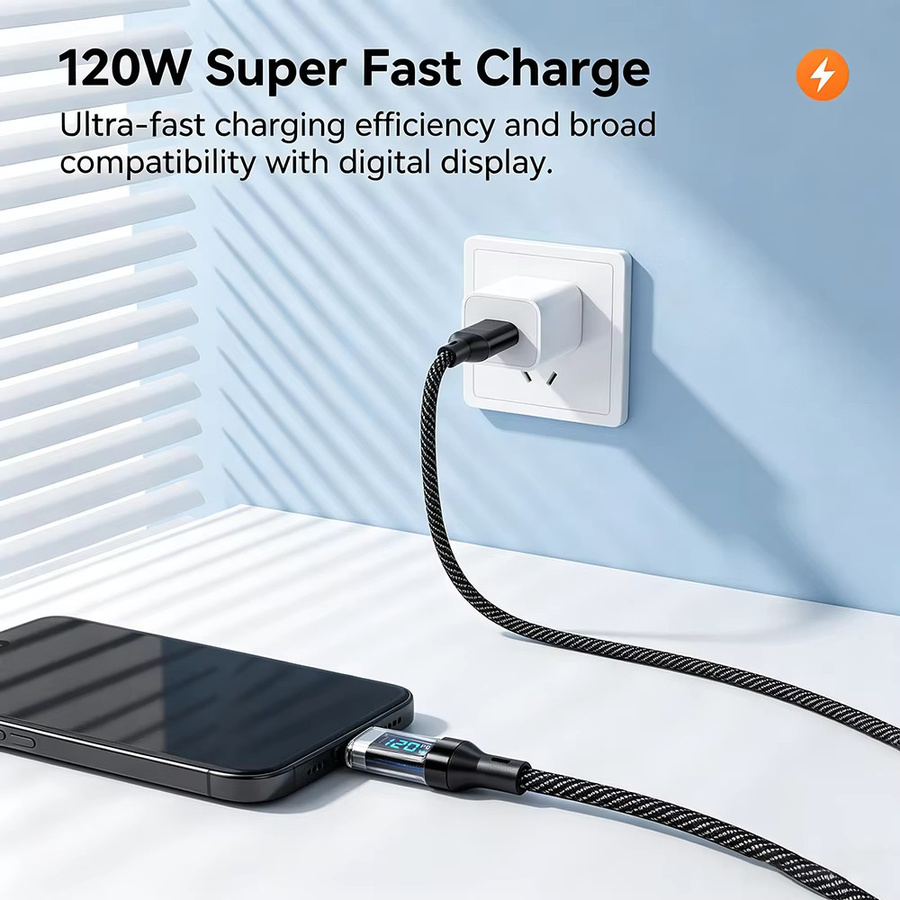 NNBILI 3-teiliges Schnellladekabel Set 120W mit LED-Digitalanzeige, USB Typ C zu USB C und USB A zu Typ C, Schwarz - Bild 2