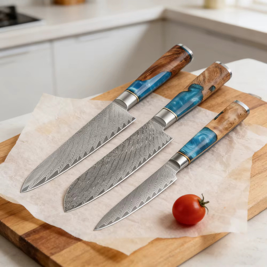 Baovim Damaszener Stahl Kochmesser-Set mit 67 Lagen Kohlenstoffstahl und blauem Harzholzgriff, 3-teilig - Bild 2