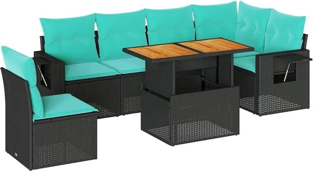 vidaXL 7-teilige Garten-Sofagarnitur in L-Form aus schwarzem Poly-Rattan mit Polsterkissen und pulverbeschichtetem Stahlgestell - Bild 1